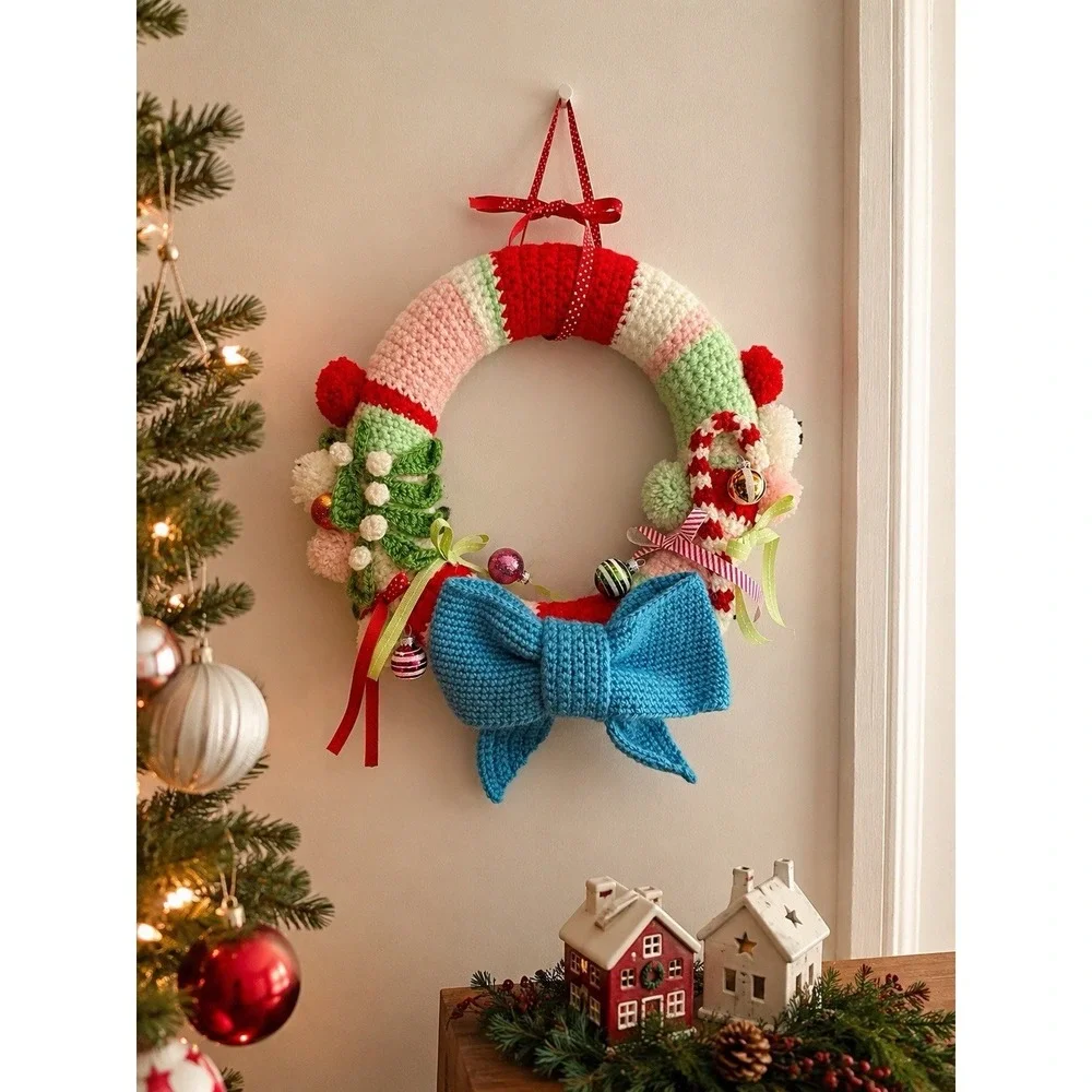 Vtg Handmade Crocheted Christmas Wreath Wall Hanging 13